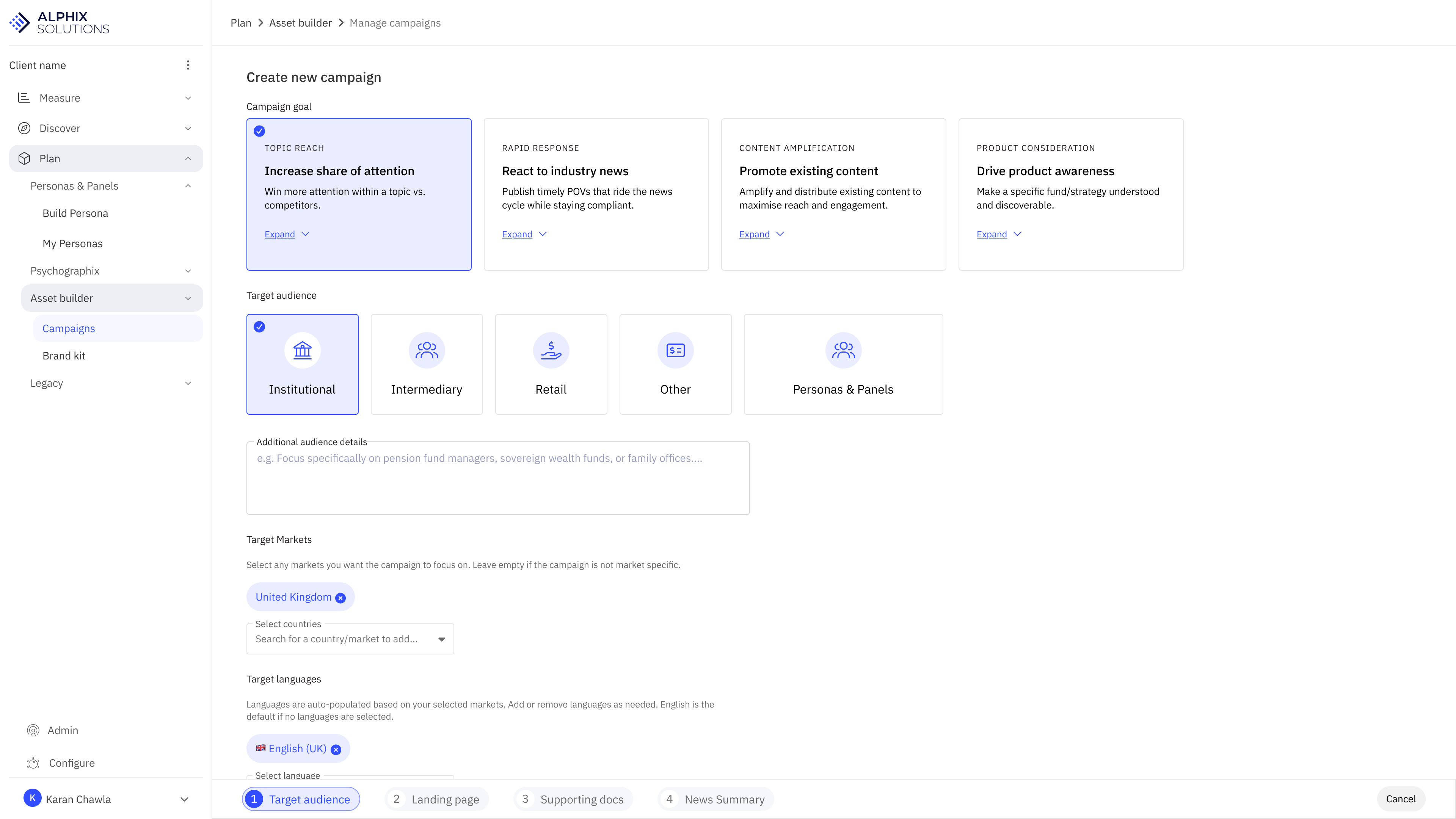 Alphix Campaign and Asset Builder showing campaign setup and target audience options
