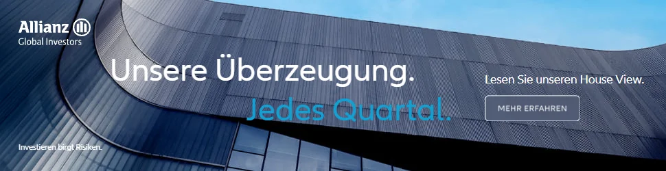 Display advertisement from Allianz Global Investors: the Allianz logo at top left above “Global Investors”, set against a photograph of a curved, ribbed metal facade beneath a bright blue sky, with the headline “Unsere Überzeugung.” in white and “Jedes Quartal.” in light blue, the disclaimer “Investieren birgt Risiken.” and an outlined “MEHR ERFAHREN” button.