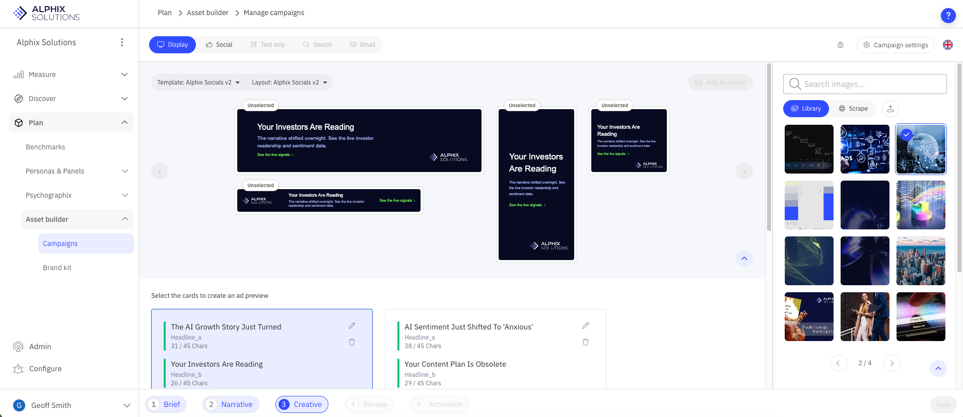 Alphix Campaign and Asset Builder creative workspace showing generated display campaign formats